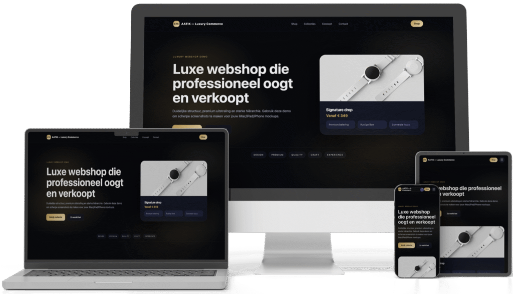 Professionele webshop laten maken door AATIK, responsive webshop design voor ondernemers weergegeven op desktop, laptop, tablet en smartphone